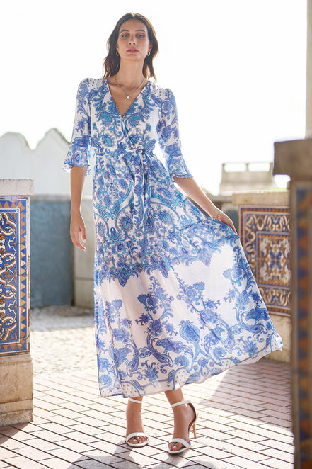 Yumi Blue Paisley Wrap Maxi Dress with 3/4 Sleeve
