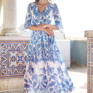 Yumi Blue Paisley Wrap Maxi Dress with 3/4 Sleeve