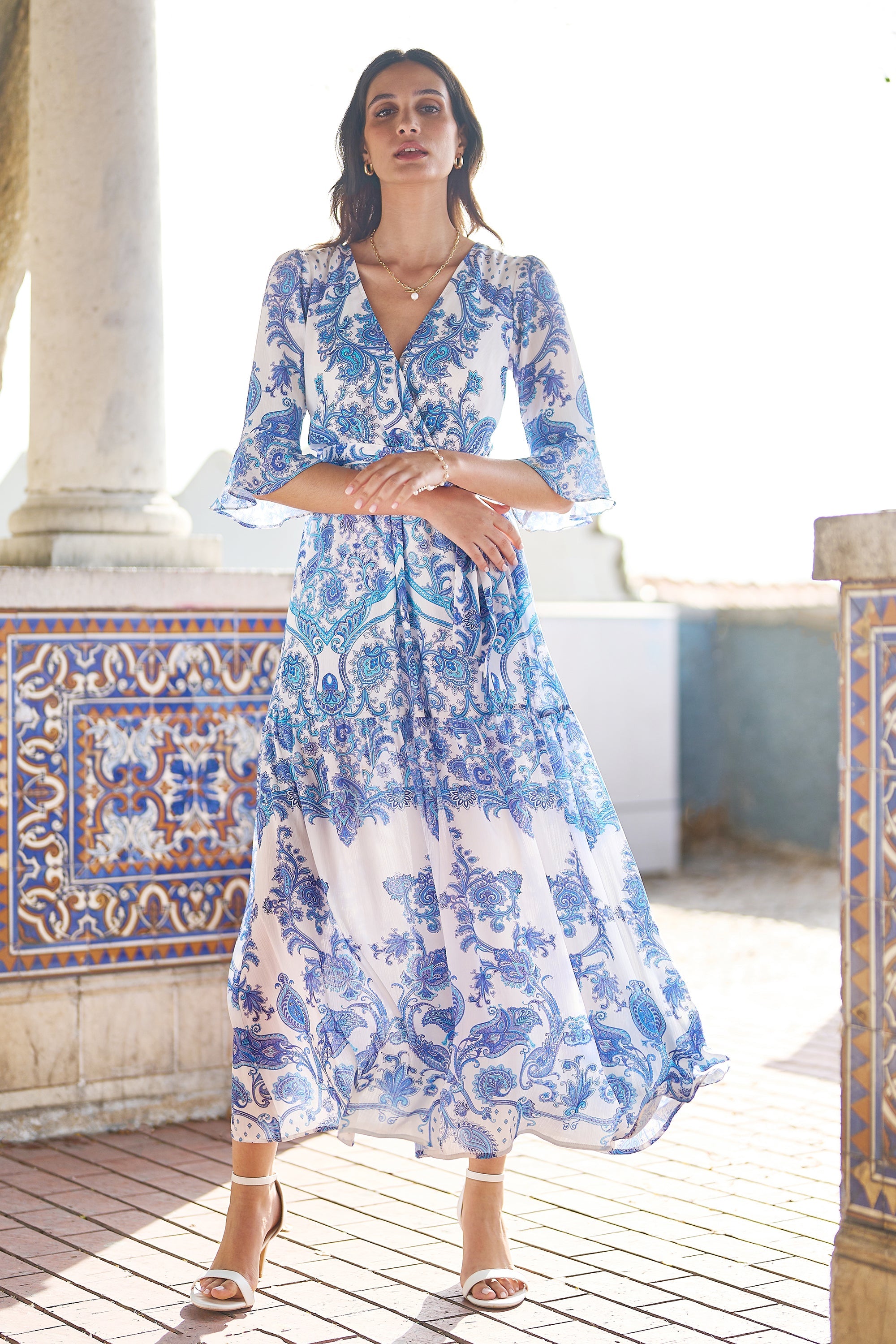 Yumi Blue Paisley Wrap Maxi Dress with 3/4 Sleeve