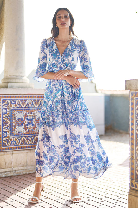 Yumi Blue Paisley Wrap Maxi Dress with 3/4 Sleeve