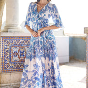 Yumi Blue Paisley Wrap Maxi Dress with 3/4 Sleeve