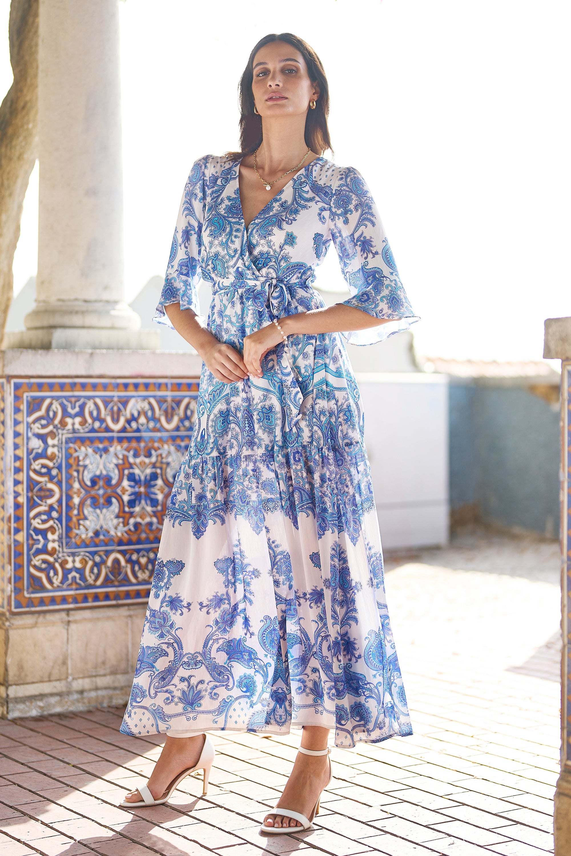 Yumi Blue Paisley Wrap Maxi Dress with 3/4 Sleeve