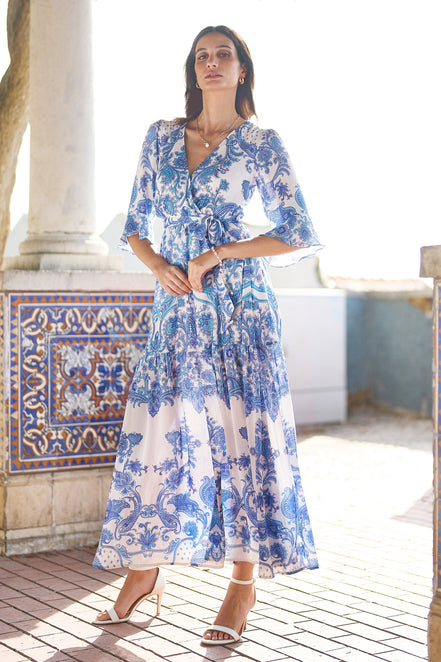 Yumi Blue Paisley Wrap Maxi Dress with 3/4 Sleeve