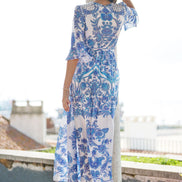 Yumi Blue Paisley Wrap Maxi Dress with 3/4 Sleeve