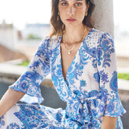 Yumi Blue Paisley Wrap Maxi Dress with 3/4 Sleeve