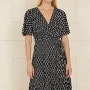 Yumi Black Geo Print Mesh Stretch Midi Skater Dress