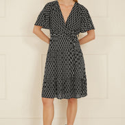 Yumi Black Geo Print Mesh Stretch Midi Skater Dress