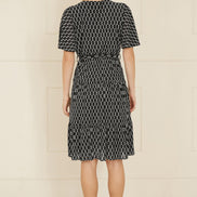 Yumi Black Geo Print Mesh Stretch Midi Skater Dress