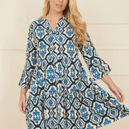 Yumi Viscose Blue Ikat Print 3/4 Sleeve Tunic Dress