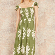 Yumi Green Block Print Ruched Maxi Dress