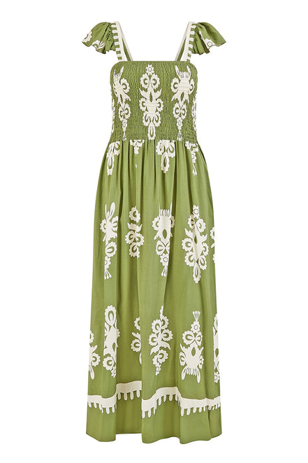 Yumi Green Block Print Ruched Maxi Dress