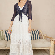 Yumi Navy Popcorn Yarn Tie Front Bolero