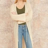Yumi Cream Crochet Long Line Cardigan with Ties Front