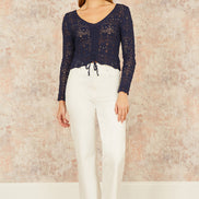 Yumi Navy Crochet Top with Front Ruching