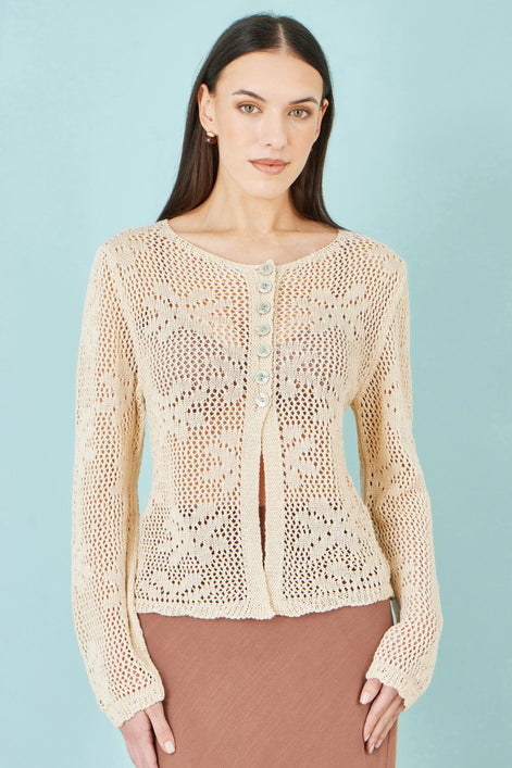 Yumi Beige Flower Crochet Button Up Cardigan