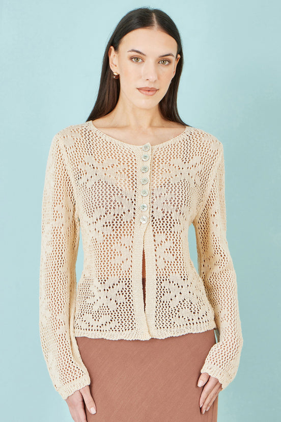 Yumi Beige Flower Crochet Button Up Cardigan