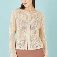 Yumi Beige Flower Crochet Button Up Cardigan