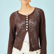 Yumi Brown Flower Crochet Button Up Cardigan