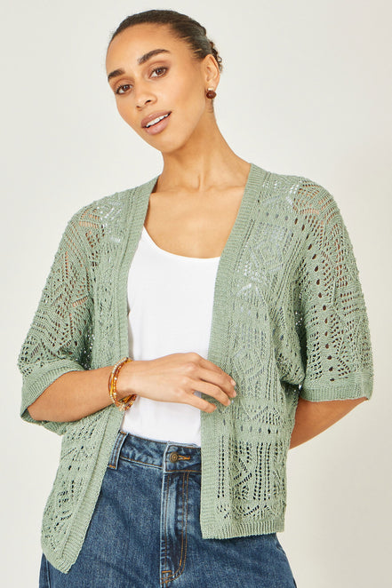 Yumi Green Crochet Edge to Edge 3/4 Sleeve Cardigan