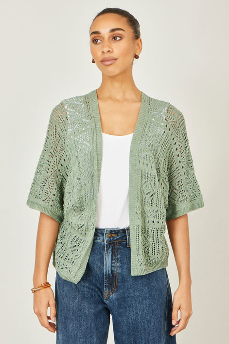 Yumi Green Crochet Edge To Edge 3/4 Sleeve Cardigan