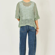 Yumi Green Crochet Edge to Edge 3/4 Sleeve Cardigan