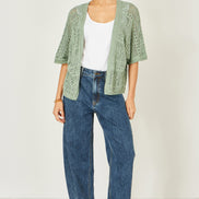 Yumi Green Crochet Edge to Edge 3/4 Sleeve Cardigan