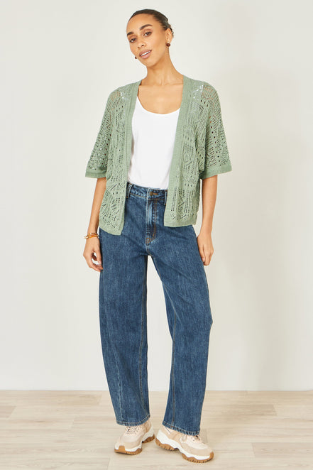Yumi Green Crochet Edge to Edge 3/4 Sleeve Cardigan