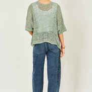Yumi Green Crochet Edge to Edge 3/4 Sleeve Cardigan