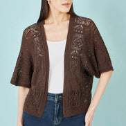 Yumi Brown Crochet Edge to Edge 3/4 Sleeve Cardigan