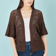 Yumi Brown Crochet Edge to Edge 3/4 Sleeve Cardigan