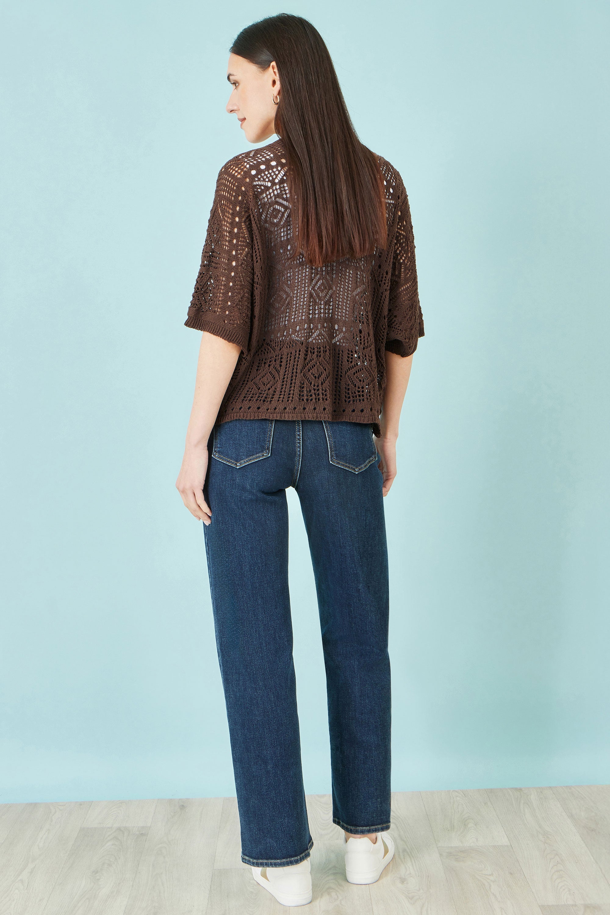 Yumi Brown Crochet Edge to Edge 3/4 Sleeve Cardigan