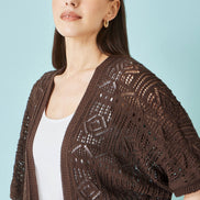 Yumi Brown Crochet Edge to Edge 3/4 Sleeve Cardigan