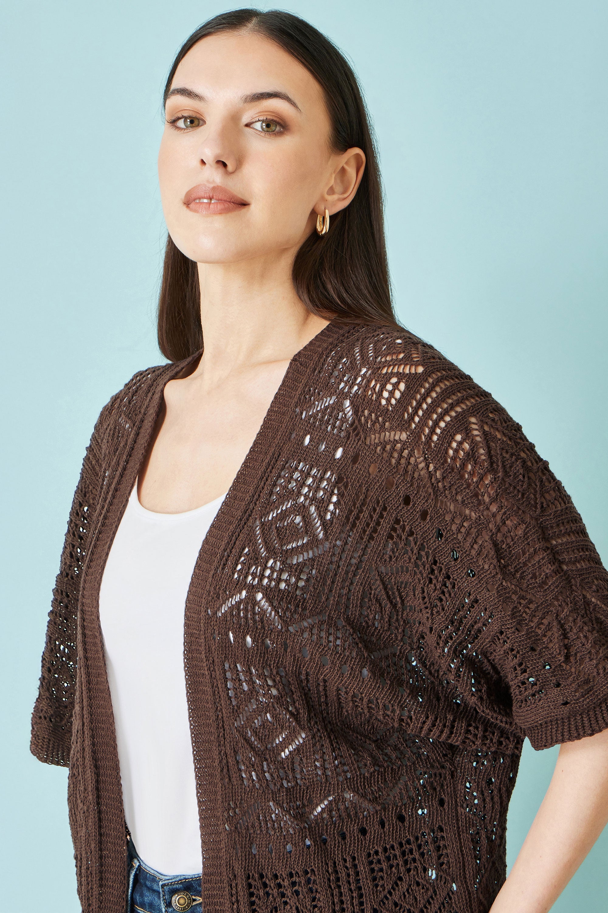 Yumi Brown Crochet Edge to Edge 3/4 Sleeve Cardigan