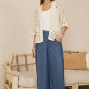 Yumi Ivory Crochet Edge to Edge 3/4 Sleeve Cardigan