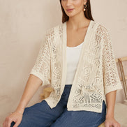 Yumi Ivory Crochet Edge to Edge 3/4 Sleeve Cardigan