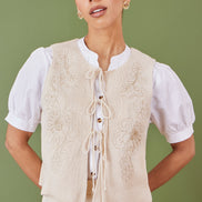 Yumi Beige Knitted Tie Front Waistcoat with Floral Details