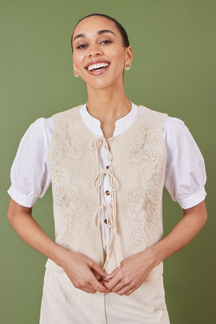 Yumi Beige Knitted Tie Front Waistcoat with Floral Details