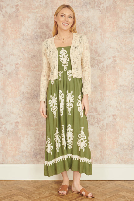 Yumi Beige Crochet Knitted Cropped Cardigan