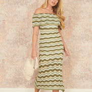 Yumi Green Stripe Crochet Knit Bardot Midi Dress