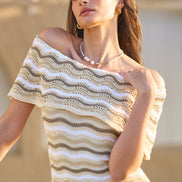Yumi Beige Stripe Crochet Knit Bardot Midi Dress