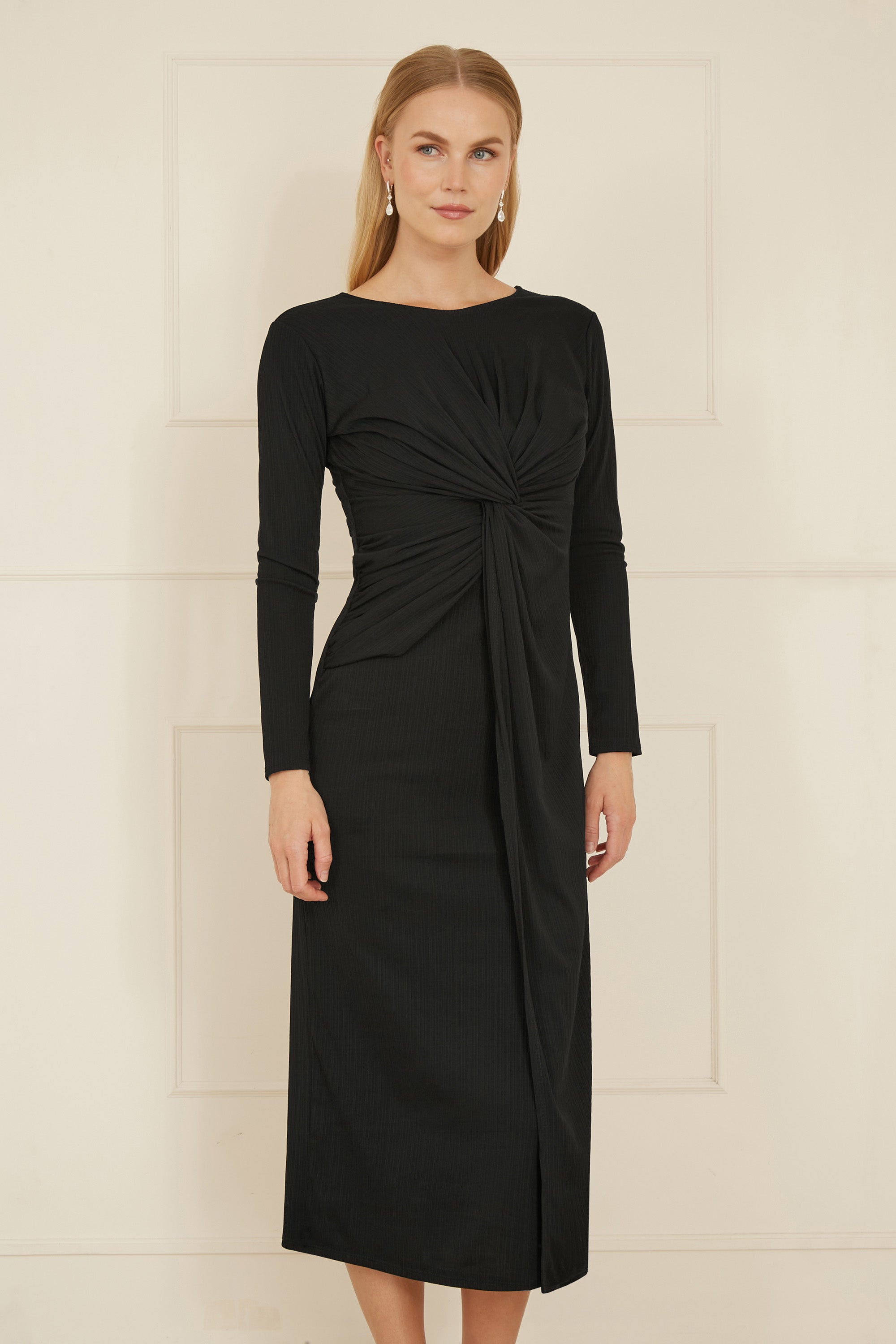 Yumi Black Midi Fitted Stretch Dress with Knot Detail