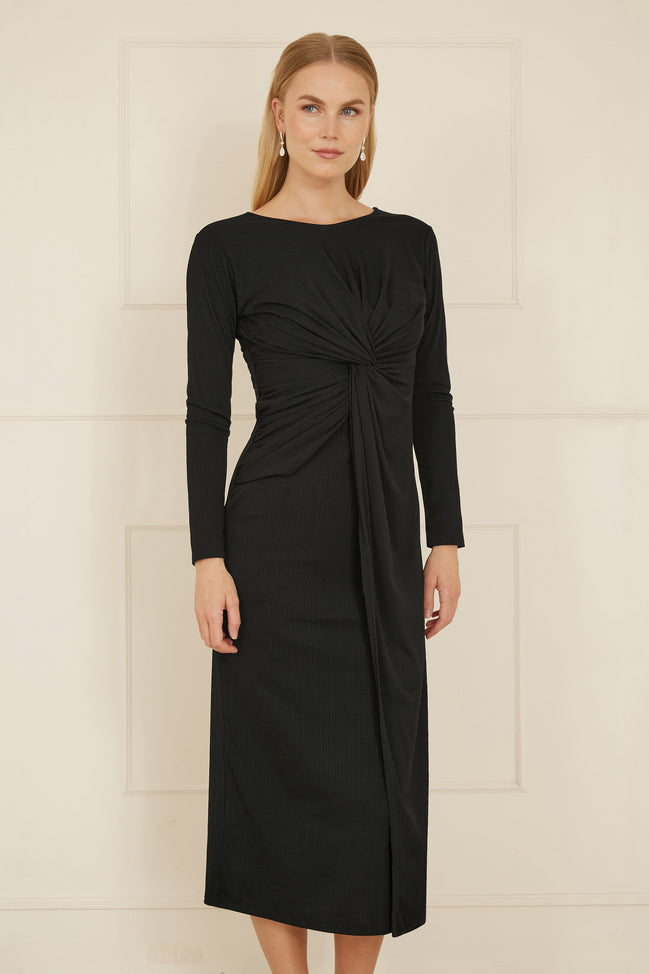 Yumi Black Midi Fitted Stretch Dress with Knot Detail
