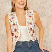 Yumi White Folk Embroidered Cotton Waist Coat