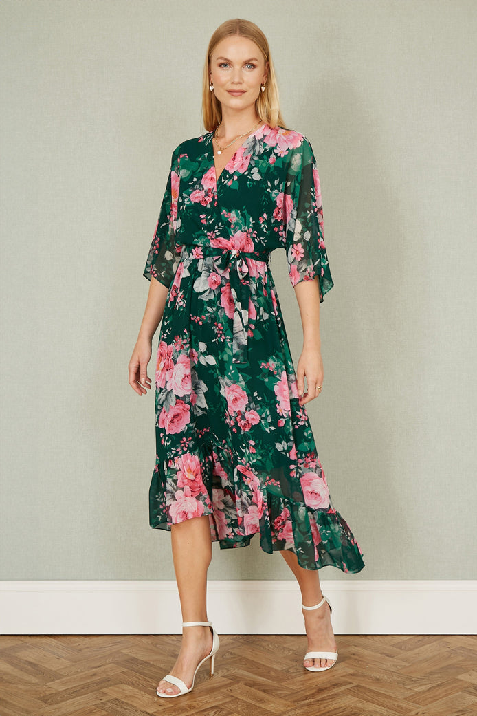 Yumi Dark Green Kimono Sleeves Midi Dip Hem Wrap Midi Dress