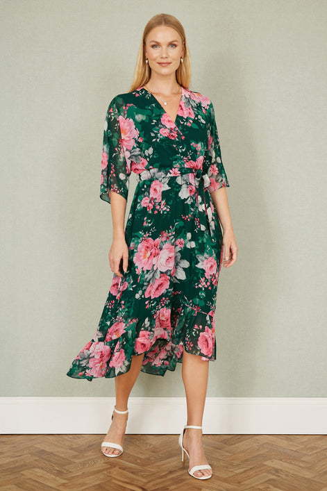 Yumi Dark Green Kimono Sleeves Midi Dip Hem Wrap Midi Dress