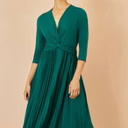 Yumi Green Jersey Knot Waist Pleated Midi Dress