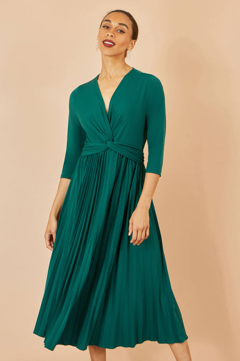 Yumi Green Jersey Knot Waist Pleated Midi Dress