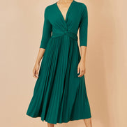 Yumi Green Jersey Knot Waist Pleated Midi Dress