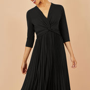 Yumi Black Jersey Knot Waist Pleated Midi Dress