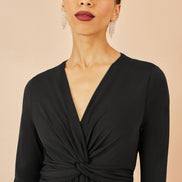Yumi Black Jersey Knot Waist Pleated Midi Dress